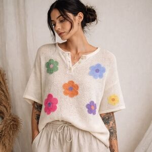 POL Oversized White Flower Power Knit Sweater Boho S